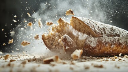 An artistic freeze-frame of a loaf of brown bread breaking apart, with crumbs and a white dust explosion scattering dynamically in every direction.