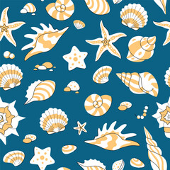 Sea Shell pattern. Seamless marine pattern with colorful shells and starfish. Perfect for fabric, wallpapers, and creative projects.