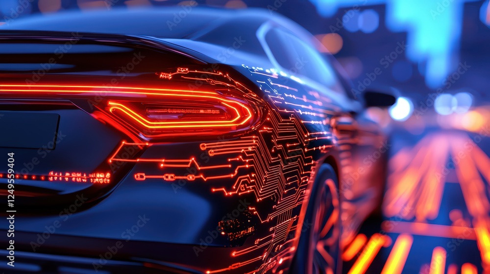 Poster futuristic car design with neon circuit patterns and urban background