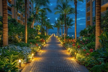Obraz premium A beautifully lit pathway lined with palms and flowers, leading to the ocean at dusk.