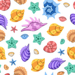 Cute bright seamless pattern of seashells and starfish. Tropical summer sea background. Great design for fabric, wallpaper and textile.