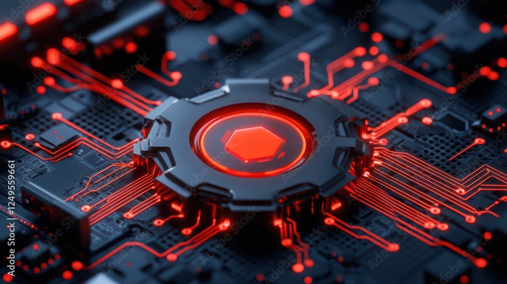 Poster abstract technology background with red circuits and central chip