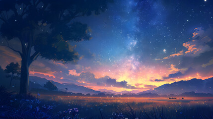 A tranquil countryside scene with a clear view of the Milky Way stretching across the sky


