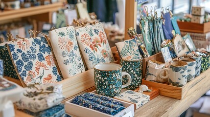 Handmade gift market showcase local craft store product display cozy environment eye-level view unique creations
