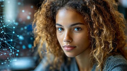 A young woman with curly hair participates in a dynamic conversation about the latest advancements in technology during a business conference held in a contemporary urban location
