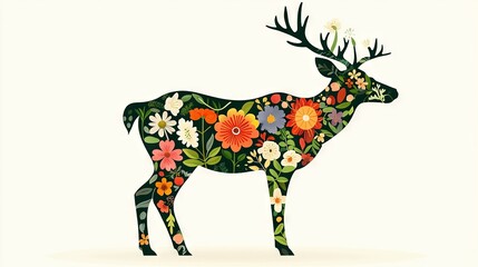 Obraz premium A deer with flowers and antlers adorned stands before a white backdrop