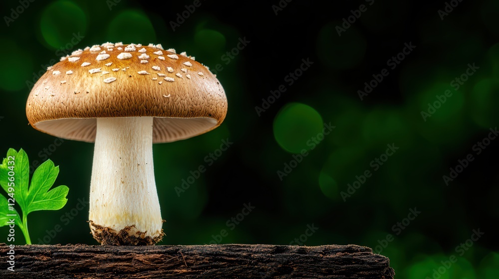 Poster fresh mushroom on log with green background and bokeh effect