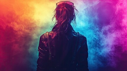 Woman in Leather Jacket Backlit by Colorful Smoke
