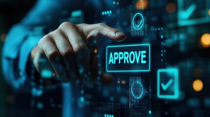 Businessman touching "APPROVE" event and stay check box on virtual screen for satisfaction.