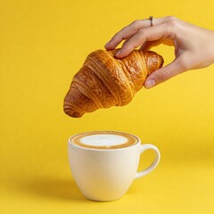 Hand holding fresh croissant over cup with cappuccino coffee on yellow background. Design concept for breakfast pastry mockup or banner. Free space for text. Yellow background.