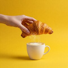 Hand holding fresh croissant over cup with cappuccino coffee on yellow background. Design concept for breakfast pastry mockup or banner. Free space for text. Yellow background.