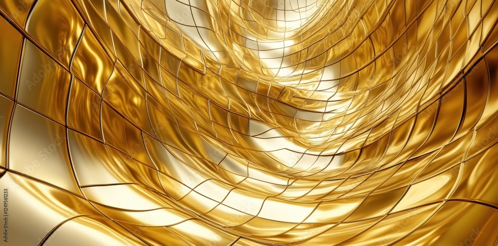 Poster abstract golden metallic structure with undulating waves and glossy surfaces
