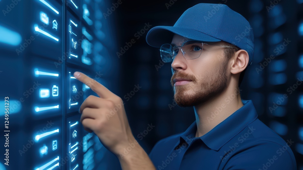 Aufkleber technician selecting data from digital interface with blue lighting