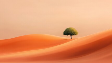   A solitary tree amidst desert dunes with a pink backdrop