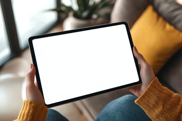  Woman holding a blank tablet with a white screen in a living room, close-up top view. Mock-up 