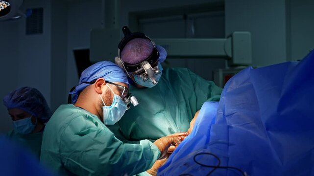 Surgeons wear brown latex gloves stained with blood work at operation. Cooperative doctors in surgical loupes co-work at trauma surgery.