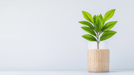 Green Leafy Plant in Woven Pot on Minimalist White Background