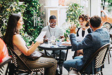 A diverse group of professionals engaged in a lively business meeting at an outdoor cafe, sharing projects and brainstorming strategies, reflecting teamwork and cooperation in a modern setting.