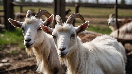 Goat farm view, domestic goats on the farm close up