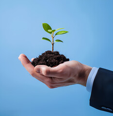 Biznesmen trzymający sadzonkę drzewa jako symbol wzrostu i inwestycji.