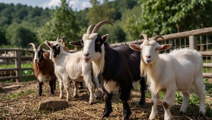 Fototapeta premium Goat farm view, domestic goats on the farm close up