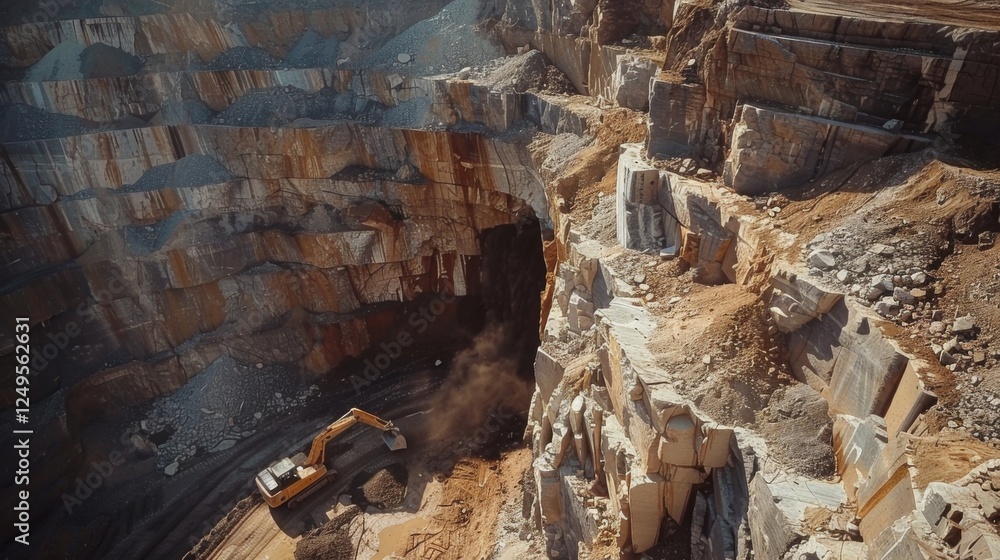 Aufkleber heavy machinery is actively digging in a quarry, revealing layers of rock and soil while producing d