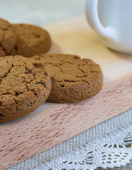 Chocolate chip cookies with a cup of tea