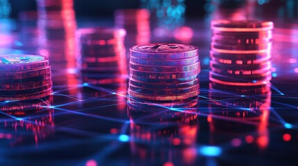 Stacks of radiant digital coins standing on a cybernetic grid, with blockchain networks connecting them in an ultra-modern setting