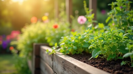 Fototapeta premium Raised Garden Bed With Lush Herbs and Flowers Under Warm Sunlight