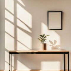 Fototapeta premium Sunlight streams through a window, casting shadows on a simple table and potted plant. Generative AI