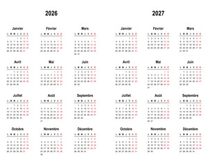 Calendar 2026 and 2027 in french language with french holidays. Vector illustration	