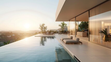 Obraz premium A luxurious glass-walled residence with a large, sun-drenched infinity pool overlooking a scenic landscape, framed by minimalist decor.