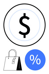 Dollar sign in a circle above a shopping bag with a discount tag and percentage symbol. Ideal for retail, sale promotions, ecommerce, discounts, shopping events, price cuts, savings, abstract line