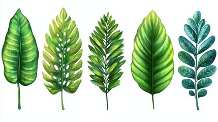 A collection of various green leaves illustrated in a vibrant style.