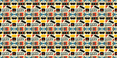 Abstract African art shapes seamless backgrounds, tribal geometric decoration patterns. Colored flat boho symbols illustrations	