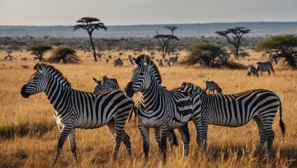 Naklejka premium View of a herd of zebras in the African savannah