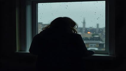A shadowy figure watching from behind a rain-streaked window