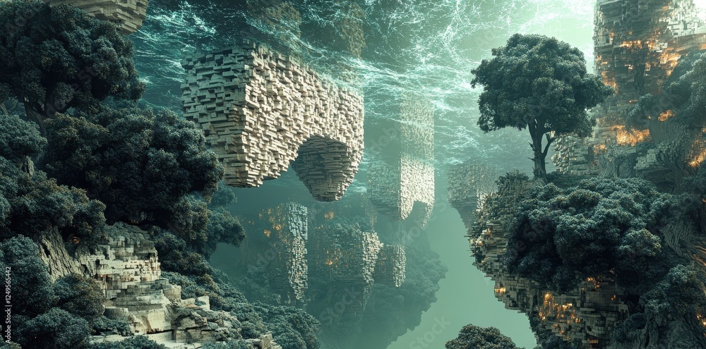 Poster surreal landscape with floating cubic structures and lush vegetation