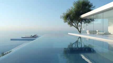 Obraz premium A minimalist, all-glass villa with a luxurious infinity pool blending into a horizon view, surrounded by minimalist landscaping.