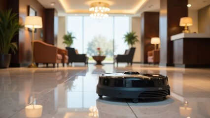 A cleaning robot autonomously vacuuming the lobby of a hotel with comfortable lounge furniture in the background 