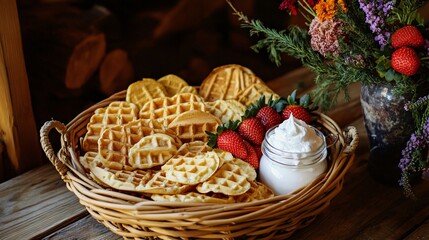 A rustic wicker basket filled with golden waffles, strawberries, and a jar of freshly churned whipped cream