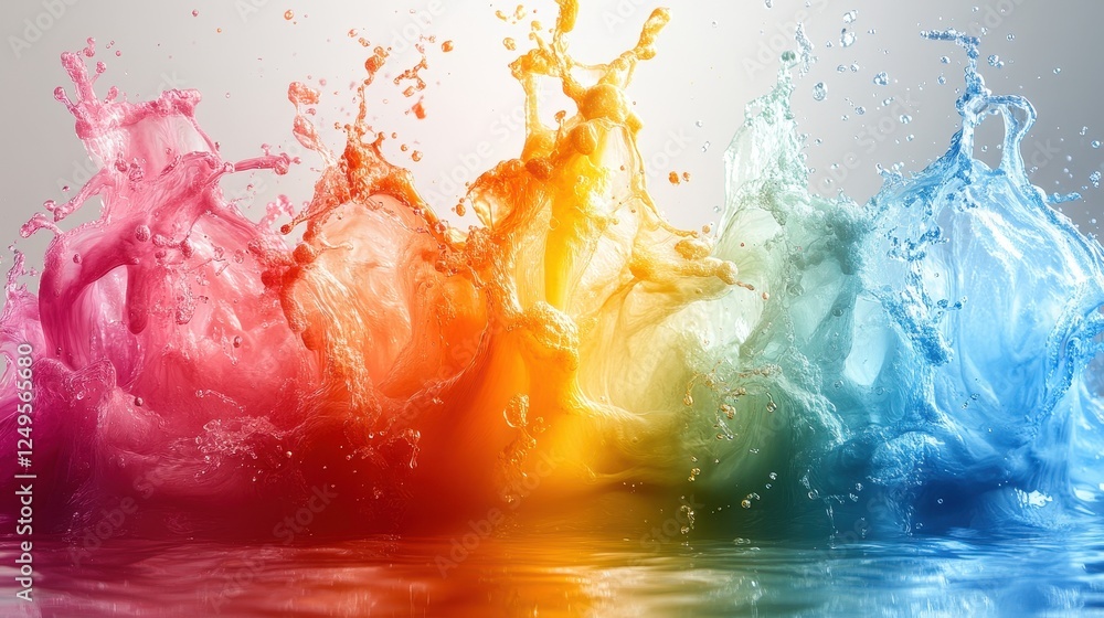 Poster vibrant splashes of colored water creating an artistic visual effect.