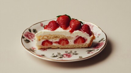 A single strawberry shortcake waffle slice on a dainty floral-patterned plate, isolated on a neutral beige backdrop