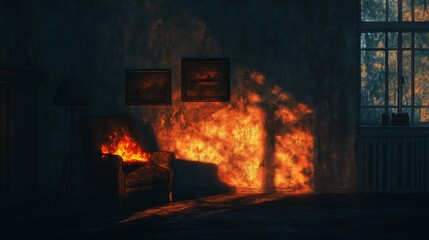 Fototapeta premium Burning Chair in a Deserted Room: A Haunting Digital Art Piece