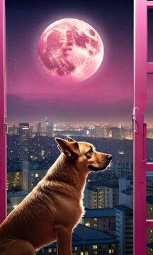 Dog gazing at the pink moon through a window