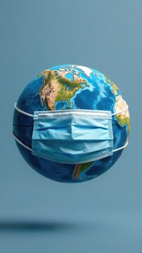 Planet Earth wrapped in a medical protection mask, representation of global pandemics, epidemics, pandemics, seasonal incidence of viral and bacterial infections and diseases