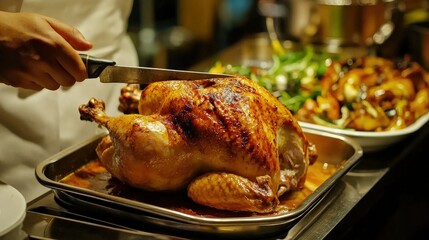 A Chef Skillfully Carving a Roasted Turkey for a Festive Meal Surrounded by Fresh Vegetables and Plates on a Table in a Cozy Dining Environment