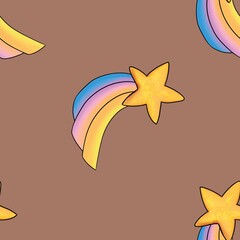 Rainbow Fallen Star Seamless Pattern Big Design on Mocha Mosses Background