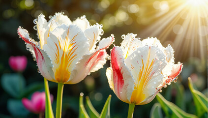 Fototapeta premium Parrot tulips with white-cherry petals with a yellow stroke, with drops of morning dew sparkling in the soft sunlight in the garden