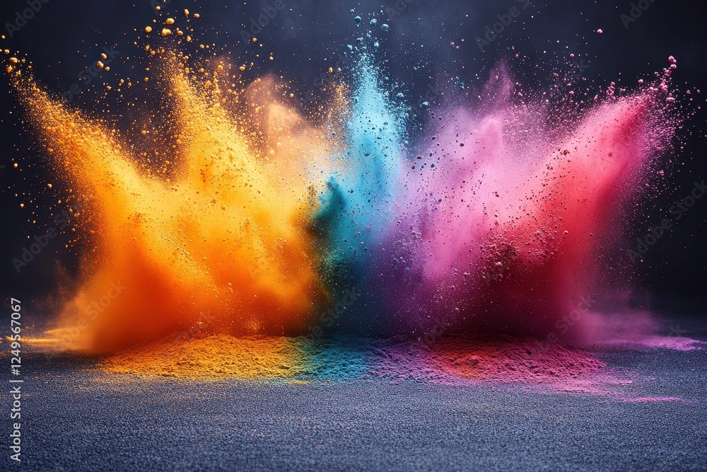 Poster vibrant explosion of colored powders creating a dynamic visual effect.